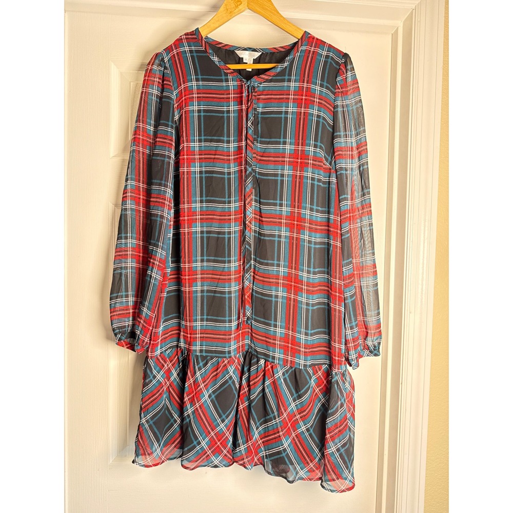 Draper James Plaid Mini Dress Women Small Red Blue Ruffle Hem Sheer Long Sleeve